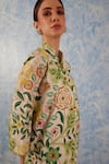 FUGA_Green Soft Cotton Print Floral Stand Botanical Blazer With Bell Bottom Pant _Online_at_Aza_Fashions