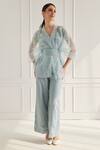 Shop_FUGA_Blue Organza Embroidery Floral V Neck Sheer Kaftan Top Pant Set _at_Aza_Fashions