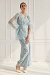 FUGA_Blue Organza Embroidery Floral V Neck Sheer Kaftan Top Pant Set _Online_at_Aza_Fashions