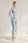 Buy_FUGA_Blue Organza Embroidery Floral V Neck Sheer Kaftan Top Pant Set _Online_at_Aza_Fashions