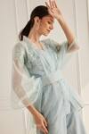 Shop_FUGA_Blue Organza Embroidery Floral V Neck Sheer Kaftan Top Pant Set _Online_at_Aza_Fashions