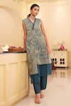 Chambray & Co._Blue Kurta Pure Handwoven Silk Tissue Embroidered Floral Juli Lotus With Pant _Online_at_Aza_Fashions