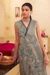 Chambray & Co._Blue Kurta Pure Handwoven Silk Tissue Embroidered Floral Juli Lotus With Pant _at_Aza_Fashions