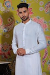 YAJY by Aditya Jain_Pink Silk Embroidery Stitchline Thread Pintuck Kurta Set _Online_at_Aza_Fashions