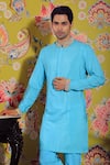 YAJY by Aditya Jain_Blue Linen Satin Embroidery Bead Neckline Kurta Set _Online_at_Aza_Fashions