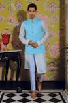 Buy_YAJY by Aditya Jain_Blue Linen Satin Embroidery Thread Bundi And Kurta Set _at_Aza_Fashions