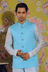 YAJY by Aditya Jain_Blue Linen Satin Embroidery Thread Bundi And Kurta Set _Online_at_Aza_Fashions