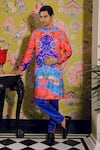 Buy_YAJY by Aditya Jain_Blue Silk Printed Floral Bundi And Kurta Set _at_Aza_Fashions