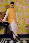 Buy_YAJY by Aditya Jain_Yellow Silk Embroidery Thread Figurine Placement Bundi And Kurta Set _at_Aza_Fashions