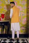 Shop_YAJY by Aditya Jain_Yellow Silk Embroidery Thread Figurine Placement Bundi And Kurta Set _at_Aza_Fashions