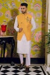 YAJY by Aditya Jain_Yellow Silk Embroidery Thread Figurine Placement Bundi And Kurta Set _Online_at_Aza_Fashions