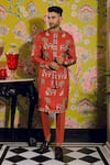 Buy_YAJY by Aditya Jain_Red Silk Printed Oasis Bundi And Kurta Set _at_Aza_Fashions