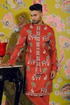 YAJY by Aditya Jain_Red Silk Printed Oasis Bundi And Kurta Set _Online_at_Aza_Fashions