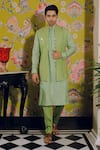 Buy_YAJY by Aditya Jain_Green Linen Satin Embroidery Thread Mirror Work Bundi And Kurta Set _at_Aza_Fashions