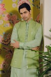 YAJY by Aditya Jain_Green Linen Satin Embroidery Thread Mirror Work Bundi And Kurta Set _Online_at_Aza_Fashions