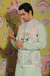 YAJY by Aditya Jain_Green Silk Embroidery Thread Floral Bundi And Kurta Set _Online_at_Aza_Fashions