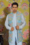 YAJY by Aditya Jain_Blue Linen Satin Printed Floral Jacket And Kurta Set _Online_at_Aza_Fashions