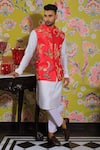 Buy_YAJY by Aditya Jain_Orange Linen Satin Embroidery Thread Bundi And Kurta Set _at_Aza_Fashions