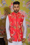 Buy_YAJY by Aditya Jain_Orange Linen Satin Embroidery Thread Bundi And Kurta Set _Online_at_Aza_Fashions