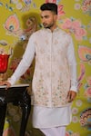 YAJY by Aditya Jain_Pink Silk Embroidery Thread Sequin Bundi And Kurta Set _Online_at_Aza_Fashions