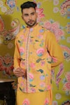 Shop_YAJY by Aditya Jain_Yellow Silk Printed Botanical Bundi And Kurta Set _Online_at_Aza_Fashions