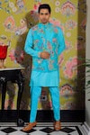 Buy_YAJY by Aditya Jain_Blue Linen Satin Embroidery Thread Flower Bundi And Kurta Set _at_Aza_Fashions