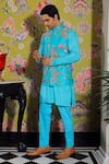 YAJY by Aditya Jain_Blue Linen Satin Embroidery Thread Flower Bundi And Kurta Set _Online_at_Aza_Fashions