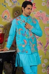 YAJY by Aditya Jain_Blue Linen Satin Embroidery Thread Flower Bundi And Kurta Set _at_Aza_Fashions