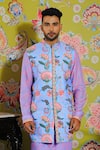 Shop_YAJY by Aditya Jain_Blue Silk Printed Floral Bundi And Kurta Set _Online_at_Aza_Fashions