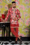 Buy_YAJY by Aditya Jain_Red Silk Printed Flower Bundi And Kurta Set _at_Aza_Fashions