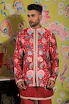 YAJY by Aditya Jain_Red Silk Printed Flower Bundi And Kurta Set _at_Aza_Fashions