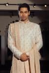 YAJY by Aditya Jain_Pink Silk Embroidery Thread Floral Sherwani Set _Online_at_Aza_Fashions