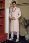 YAJY by Aditya Jain_Pink Silk Embroidery Thread Leaf Sherwani Set _Online_at_Aza_Fashions