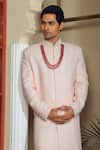 Shop_YAJY by Aditya Jain_Pink Silk Embroidery Thread Leaf Sherwani Set _Online_at_Aza_Fashions