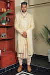 YAJY by Aditya Jain_Ivory Silk Embroidery Thread Sequin Sherwani Set _Online_at_Aza_Fashions