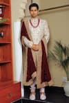 Buy_YAJY by Aditya Jain_Off White Silk Embroidery Thread Flower Sherwani Set _at_Aza_Fashions