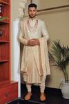 Buy_YAJY by Aditya Jain_Pink Silk Embroidery Thread Paisley Sherwani Set _at_Aza_Fashions