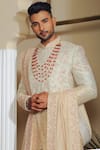 Shop_YAJY by Aditya Jain_Pink Silk Embroidery Thread Paisley Sherwani Set _Online_at_Aza_Fashions