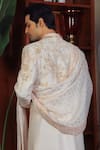 Shop_YAJY by Aditya Jain_Off White Silk Embroidery Thread Flower Sherwani Set _at_Aza_Fashions