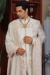 YAJY by Aditya Jain_Off White Silk Embroidery Thread Flower Sherwani Set _Online_at_Aza_Fashions