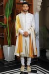 YAJY by Aditya Jain_Ivory Silk Embroidery Thread Bloom Sherwani Set _Online_at_Aza_Fashions