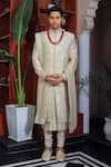 Buy_YAJY by Aditya Jain_Ivory Silk Embroidery Thread Sequin And Sherwani Set _at_Aza_Fashions