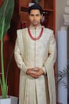 Shop_YAJY by Aditya Jain_Ivory Silk Embroidery Thread Sequin And Sherwani Set _Online_at_Aza_Fashions