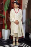 Buy_YAJY by Aditya Jain_Ivory Silk Embroidery Thread Mughal Sherwani Set _at_Aza_Fashions