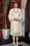 YAJY by Aditya Jain_Ivory Silk Embroidery Thread Mughal Sherwani Set _Online_at_Aza_Fashions