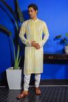 YAJY by Aditya Jain_Yellow Silk Embroidered Thread Tie-dye Kurta And Churidar Set _Online_at_Aza_Fashions