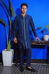 Buy_YAJY by Aditya Jain_Blue Linen Satin Embroidered Thread Front Open Kurta And Trouser Set _at_Aza_Fashions