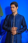 YAJY by Aditya Jain_Blue Linen Satin Embroidered Thread Front Open Kurta And Trouser Set _Online_at_Aza_Fashions