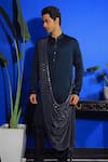 YAJY by Aditya Jain_Blue Linen Satin Embroidered Sequin Draped Kurta And Trouser Set _Online_at_Aza_Fashions