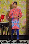 Shop_YAJY by Aditya Jain_Blue Silk Printed Kurta And Trouser Set _at_Aza_Fashions